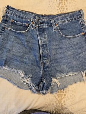 Levi's Medium Blue Distressed High-Rise Denim Shorts